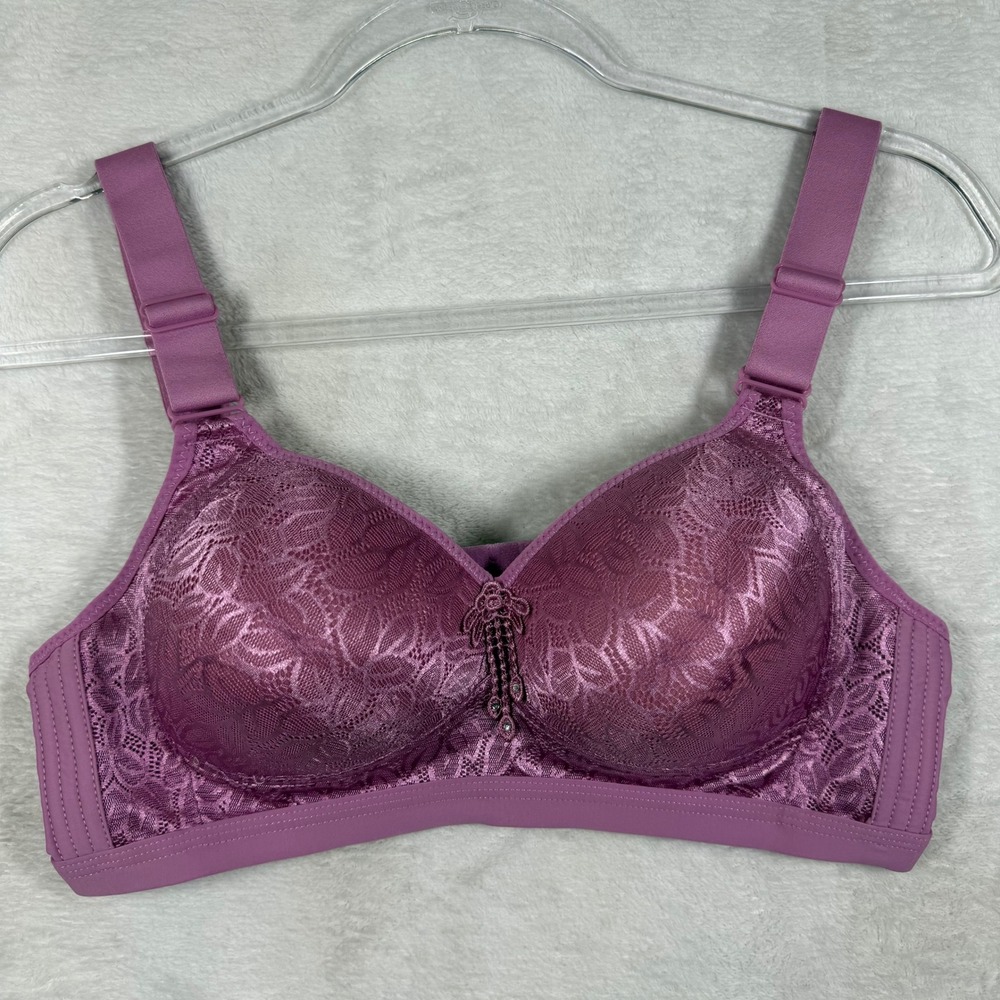 Purple Wireless Floral Lace Bra Padded Rhinestone Tassel Detail Size M 8843